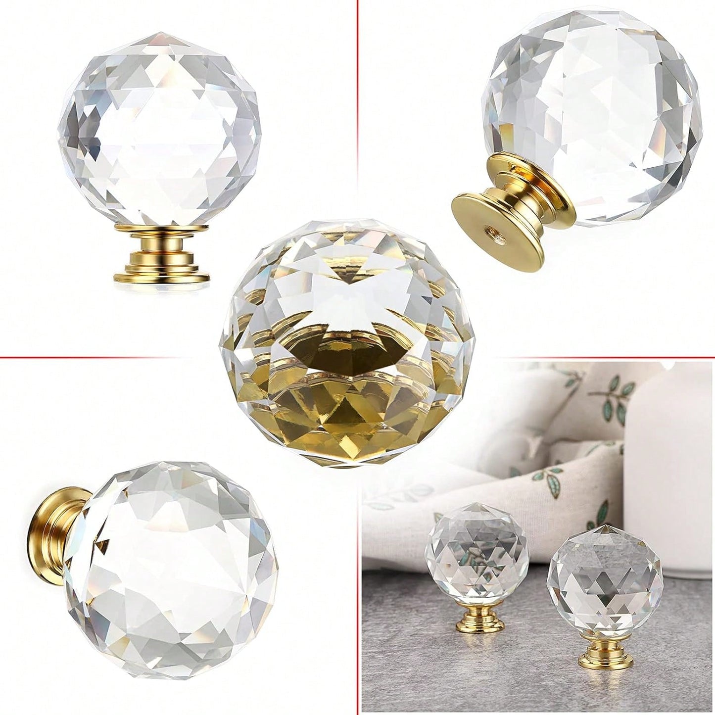 4 Pcs Drawer Knobs Diamond Shaped Crystal Glass 40MM(1.6 Inches) Cabinet Dresser Cupboard Door Knobs Crystal Drawer Pull With Gold Base