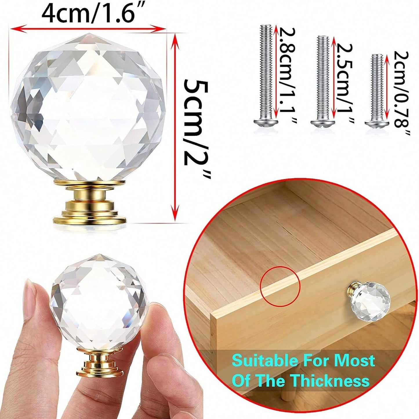 4 Pcs Drawer Knobs Diamond Shaped Crystal Glass 40MM(1.6 Inches) Cabinet Dresser Cupboard Door Knobs Crystal Drawer Pull With Gold Base