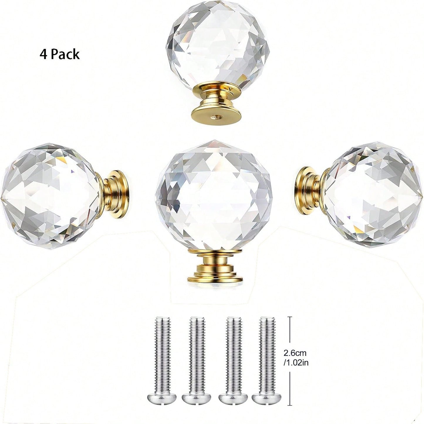 4 Pcs Drawer Knobs Diamond Shaped Crystal Glass 40MM(1.6 Inches) Cabinet Dresser Cupboard Door Knobs Crystal Drawer Pull With Gold Base