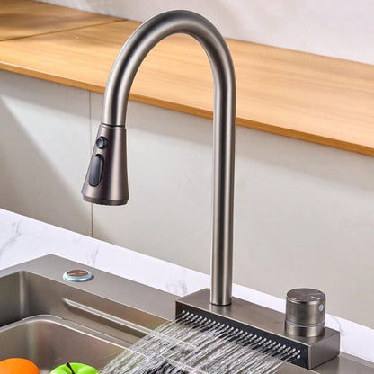 1Pc Kitchen Faucet With Pull-Down Waterfall Shower, Stainless Steel Kitchen Tap With Single Hole Hot And Cold Water 360° Swivel Multifunction Tap (Grey)