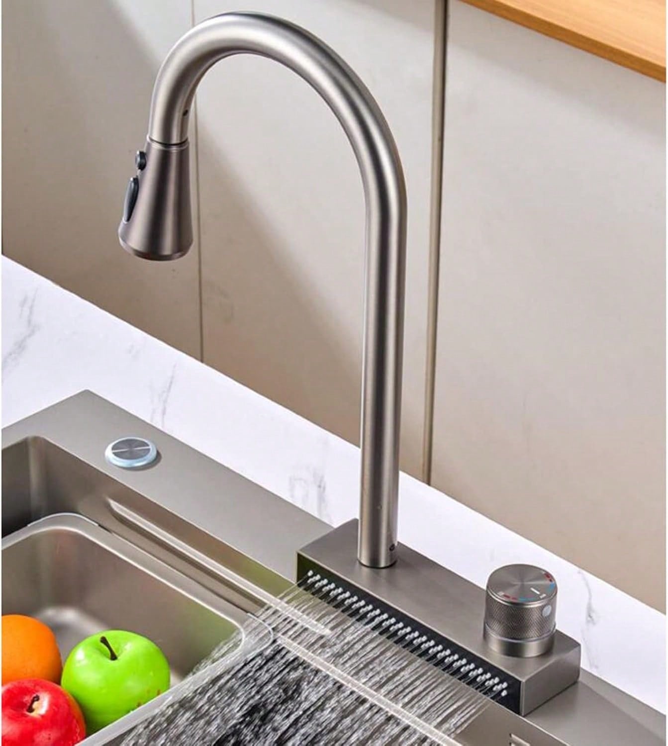 1Pc Kitchen Faucet With Pull-Down Waterfall Shower, Stainless Steel Kitchen Tap With Single Hole Hot And Cold Water 360° Swivel Multifunction Tap (Grey)