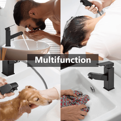 1 Pc Single Hole Bathroom Faucet With Pull Out Sprayer Single Handle Sink Tap With Rotating Spout Black