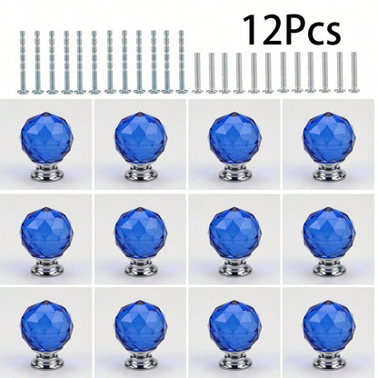 1.18 Inch/ 30 MM Pack Of 12 Round Crystal Cabinet Knobs With Screws, Dresser Knobs Handle For Home, Kitchen, Drawer And Cupboard(Blue+Silver)