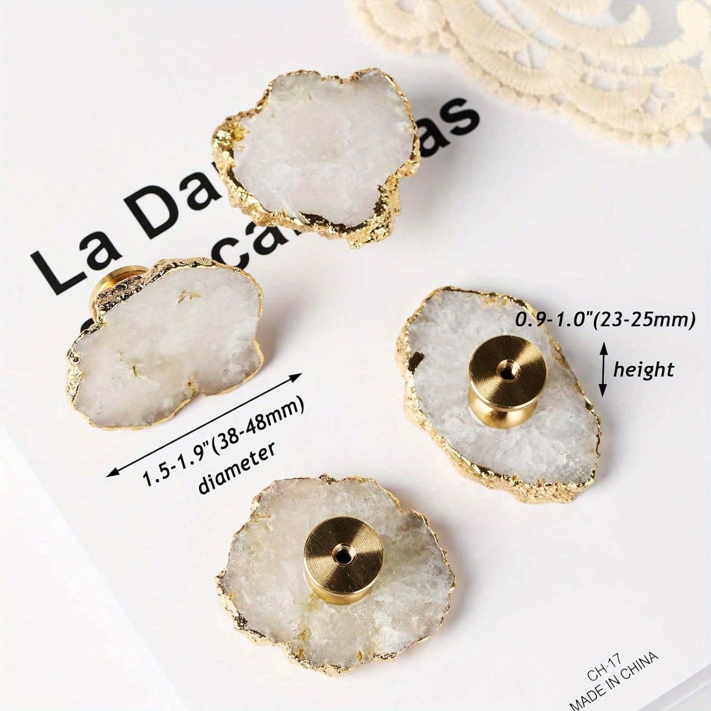 4Pcs Natural Ore Crystal Pulls, Light Luxury Brass Single Hole Drawer Knobs, Gold Plated Gemstone Pulls, White 1.49“-1.88”/0.9“-0.98” (L/W)