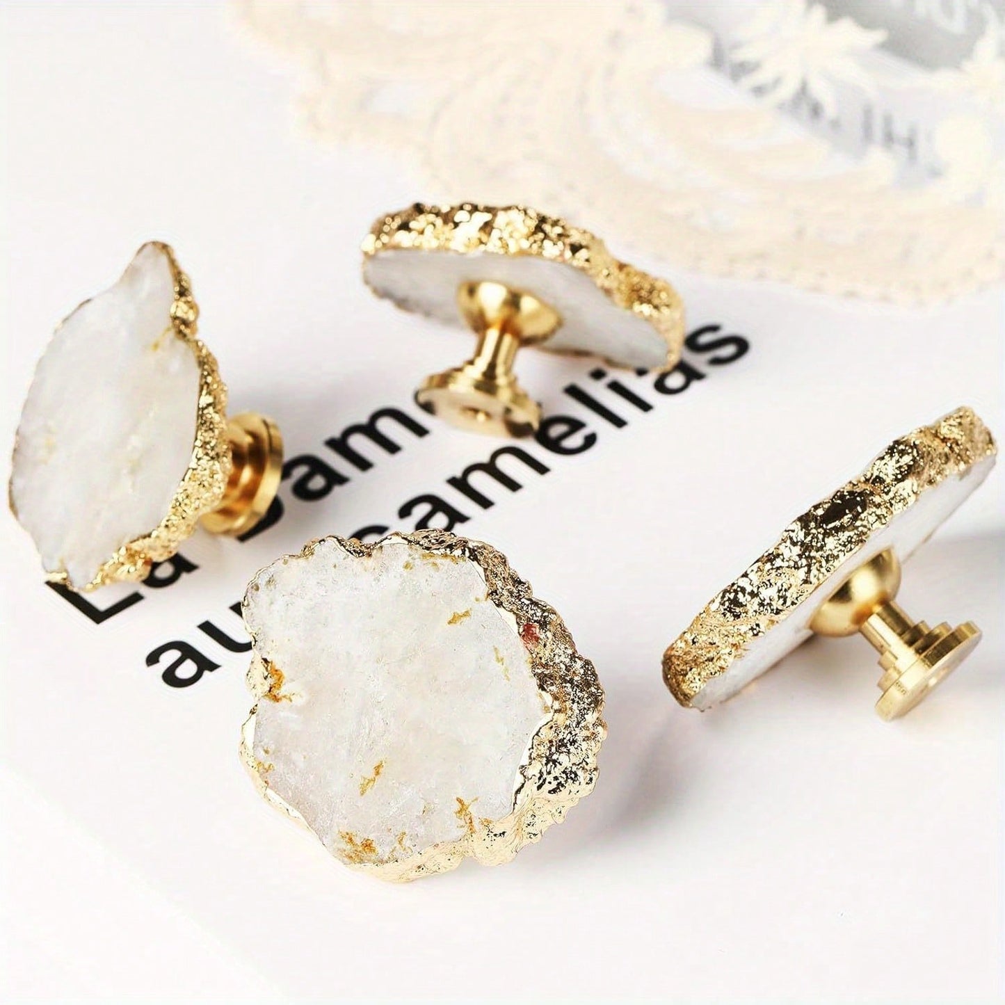 4Pcs Natural Ore Crystal Pulls, Light Luxury Brass Single Hole Drawer Knobs, Gold Plated Gemstone Pulls, White 1.49“-1.88”/0.9“-0.98” (L/W)