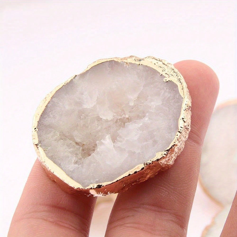 4Pcs Natural Ore Crystal Pulls, Light Luxury Brass Single Hole Drawer Knobs, Gold Plated Gemstone Pulls, White 1.49“-1.88”/0.9“-0.98” (L/W)