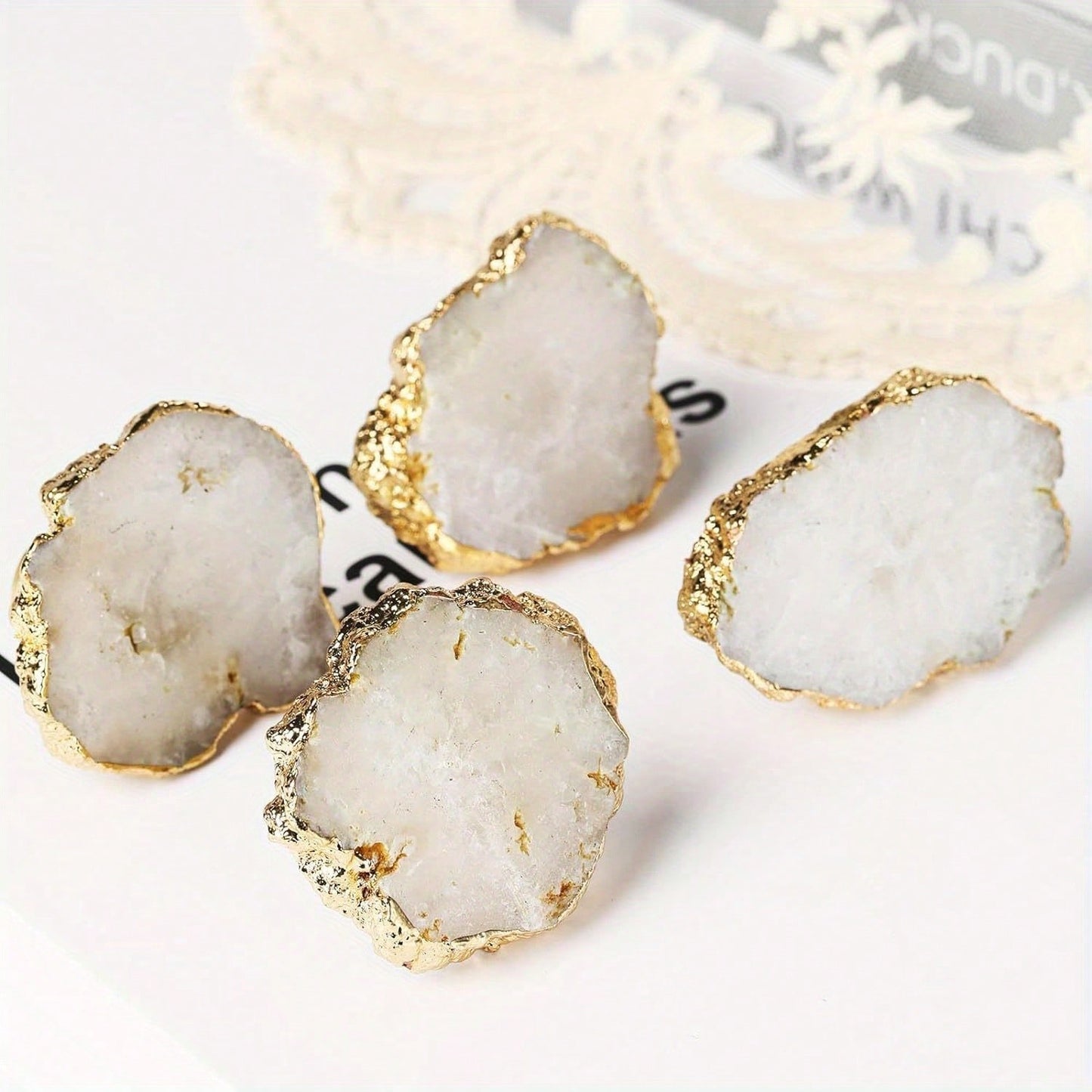 4Pcs Natural Ore Crystal Pulls, Light Luxury Brass Single Hole Drawer Knobs, Gold Plated Gemstone Pulls, White 1.49“-1.88”/0.9“-0.98” (L/W)