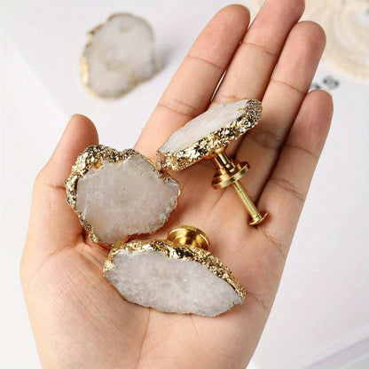 4Pcs Natural Ore Crystal Pulls, Light Luxury Brass Single Hole Drawer Knobs, Gold Plated Gemstone Pulls, White 1.49“-1.88”/0.9“-0.98” (L/W)