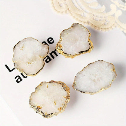 4Pcs Natural Ore Crystal Pulls, Light Luxury Brass Single Hole Drawer Knobs, Gold Plated Gemstone Pulls, White 1.49“-1.88”/0.9“-0.98” (L/W)