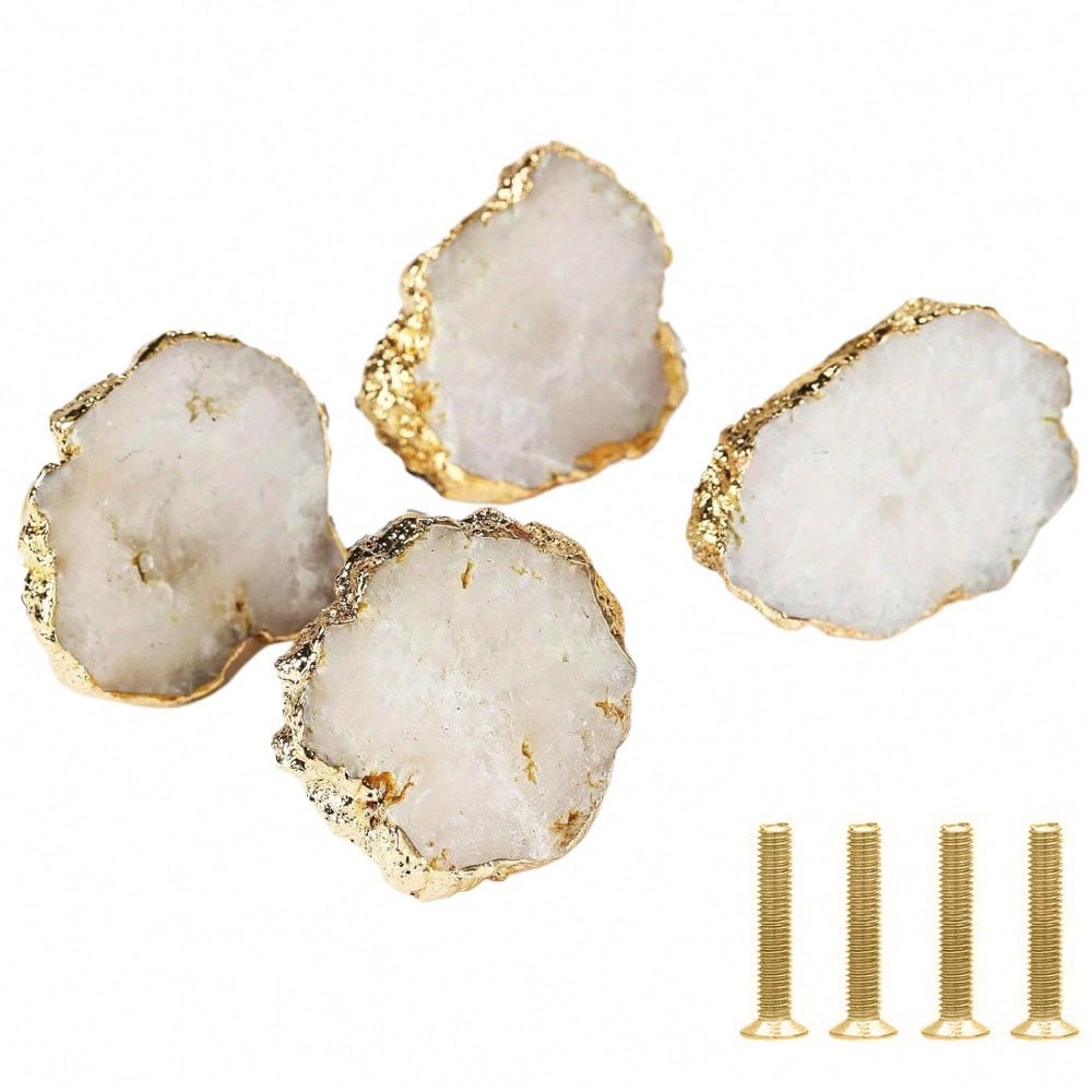 4Pcs Natural Ore Crystal Pulls, Light Luxury Brass Single Hole Drawer Knobs, Gold Plated Gemstone Pulls, White 1.49“-1.88”/0.9“-0.98” (L/W)