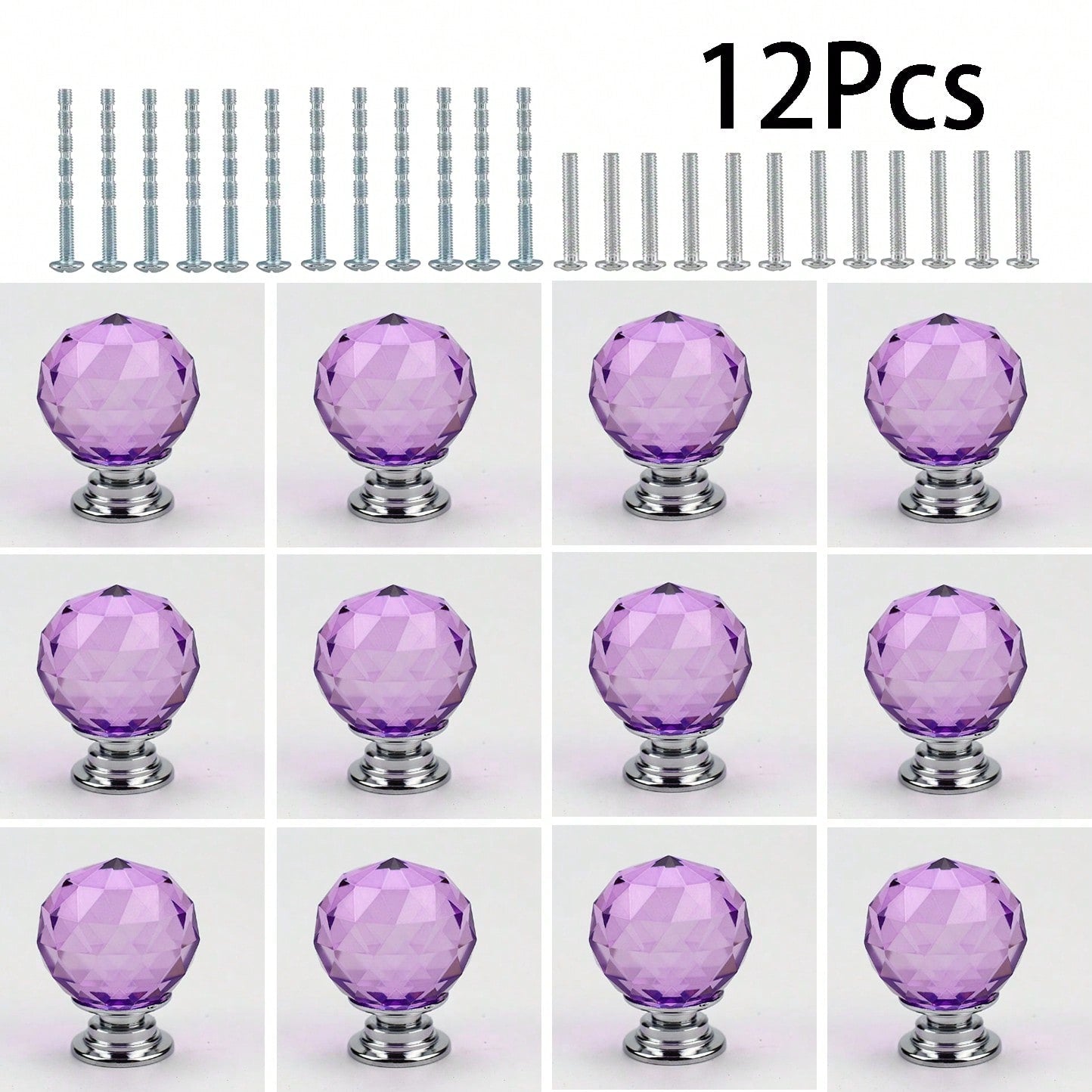 12Pcs Purple, Round Shape Crystal Glass 30mm Kitchen Cabinet Door Drawer Knob Cupboard Dresser Wardrobe Pull Handle With Screws