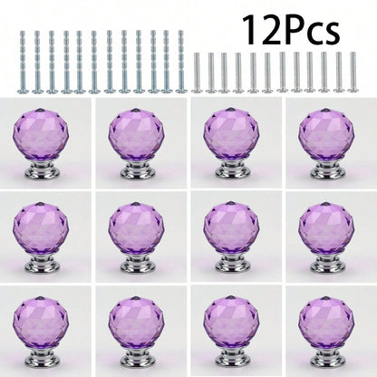 12Pcs Purple, Round Shape Crystal Glass 30mm Kitchen Cabinet Door Drawer Knob Cupboard Dresser Wardrobe Pull Handle With Screws