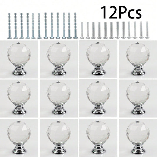 12 Pcs Round Diamond Crystal Cabinet Knobs 1.2 Inch/30mm Clear Crystal Drawer Knobs For Cabinet, Cupboard, Wardrobe, Dresser