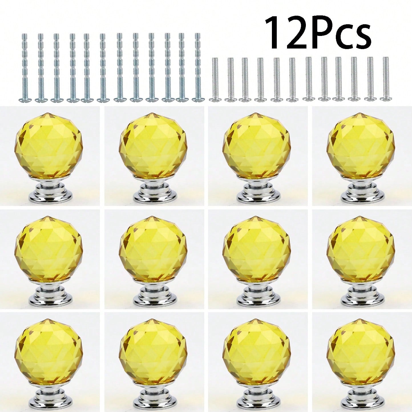 12Pcs YELLOW, Round Shape Crystal Glass 30mm Kitchen Cabinet Door Drawer Knob Cupboard Dresser Wardrobe Pull Handle With Screws