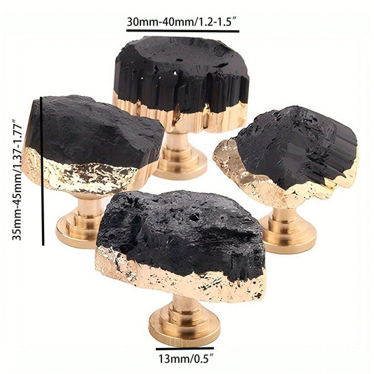 4Pcs Fluorite Crystal Knobs, Brass Cabinet Drawer Handles, Gold Plated Gemstone Pulls, Black  1.2"-1.5"/1.37"-1.77" Inches