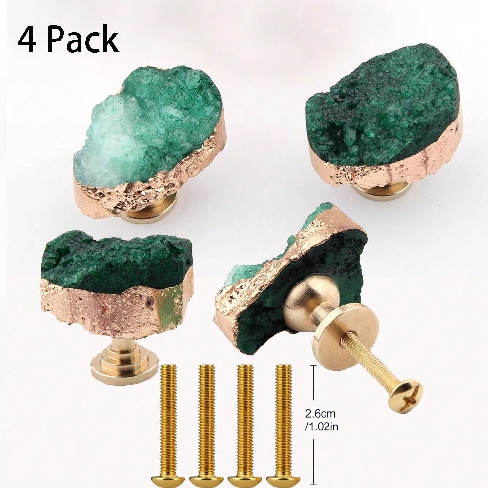 4 Pack Green Fluorite Cabinet Knobs Crystal Stone Drawer Knobs Handles Decorative Gold Plated Gemstone Cupboard Pulls For Home