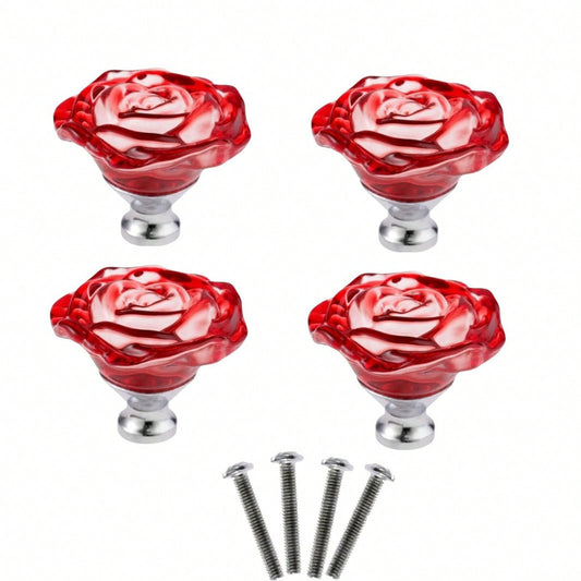 4PCS Red Glass Dresser Knobs, Rose Crystal Drawer Handles Diamond Furniture Pulls for Cabinet Cupboard Wardrobe Bathroom Kitchen Office Decoration, with Screws