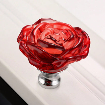 4PCS Red Glass Dresser Knobs, Rose Crystal Drawer Handles Diamond Furniture Pulls for Cabinet Cupboard Wardrobe Bathroom Kitchen Office Decoration, with Screws