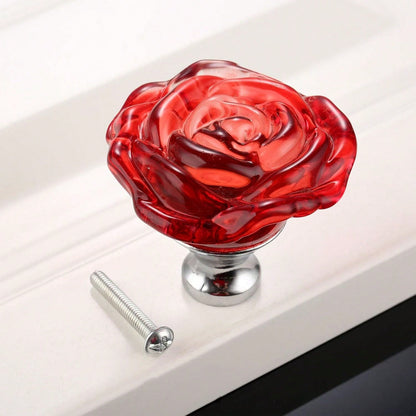 4PCS Red Glass Dresser Knobs, Rose Crystal Drawer Handles Diamond Furniture Pulls for Cabinet Cupboard Wardrobe Bathroom Kitchen Office Decoration, with Screws