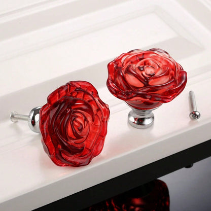 4PCS Red Glass Dresser Knobs, Rose Crystal Drawer Handles Diamond Furniture Pulls for Cabinet Cupboard Wardrobe Bathroom Kitchen Office Decoration, with Screws