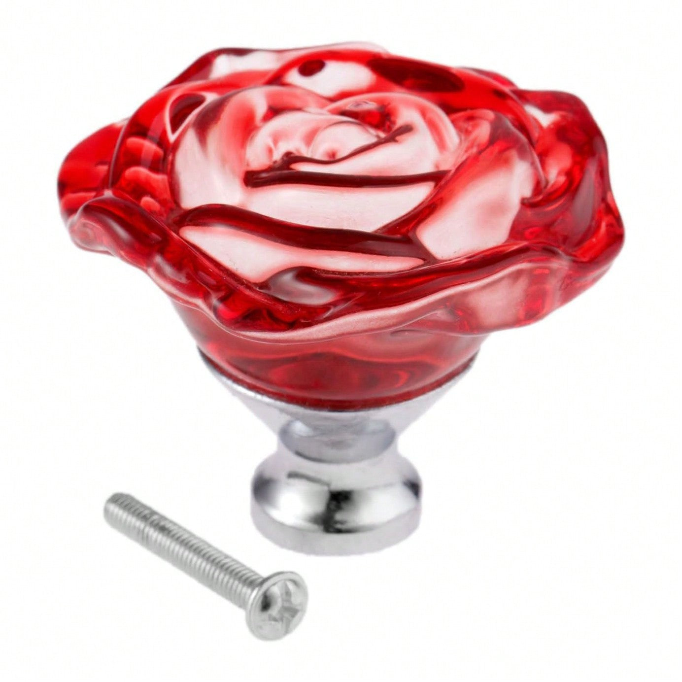 4PCS Red Glass Dresser Knobs, Rose Crystal Drawer Handles Diamond Furniture Pulls for Cabinet Cupboard Wardrobe Bathroom Kitchen Office Decoration, with Screws