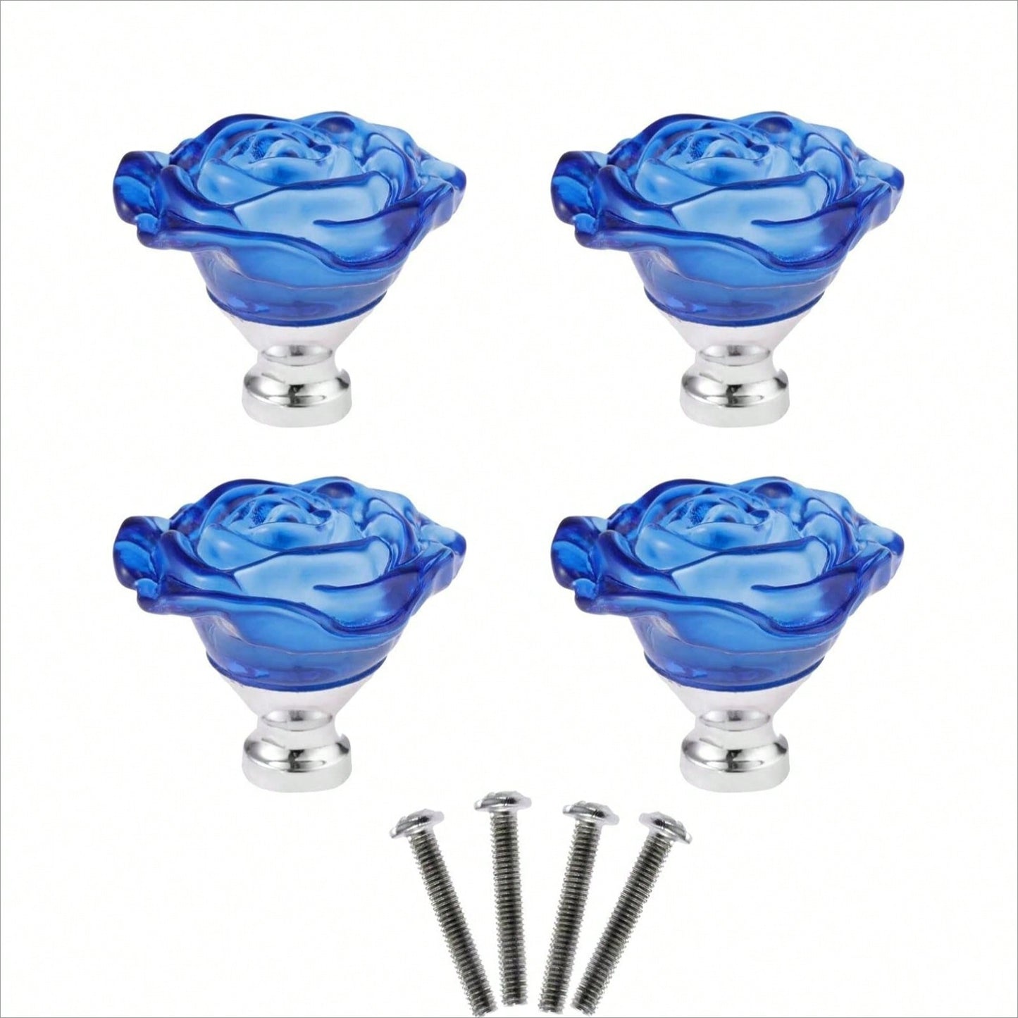 4PCS Blue Crystal Drawer Knobs, Rose Shape Glass Handles Flower Decorative Cabinet Pulls for Dresser Cupboard Bathroom Furniture Hardware Decoration, with Screws