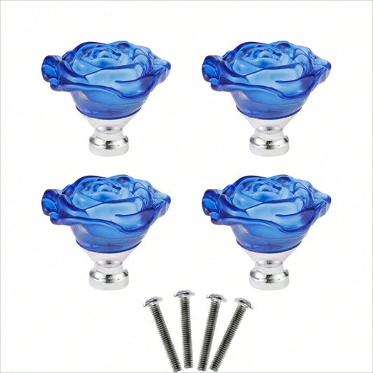 4PCS Blue Crystal Drawer Knobs, Rose Shape Glass Handles Flower Decorative Cabinet Pulls for Dresser Cupboard Bathroom Furniture Hardware Decoration, with Screws