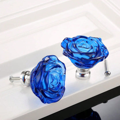 4PCS Blue Crystal Drawer Knobs, Rose Shape Glass Handles Flower Decorative Cabinet Pulls for Dresser Cupboard Bathroom Furniture Hardware Decoration, with Screws