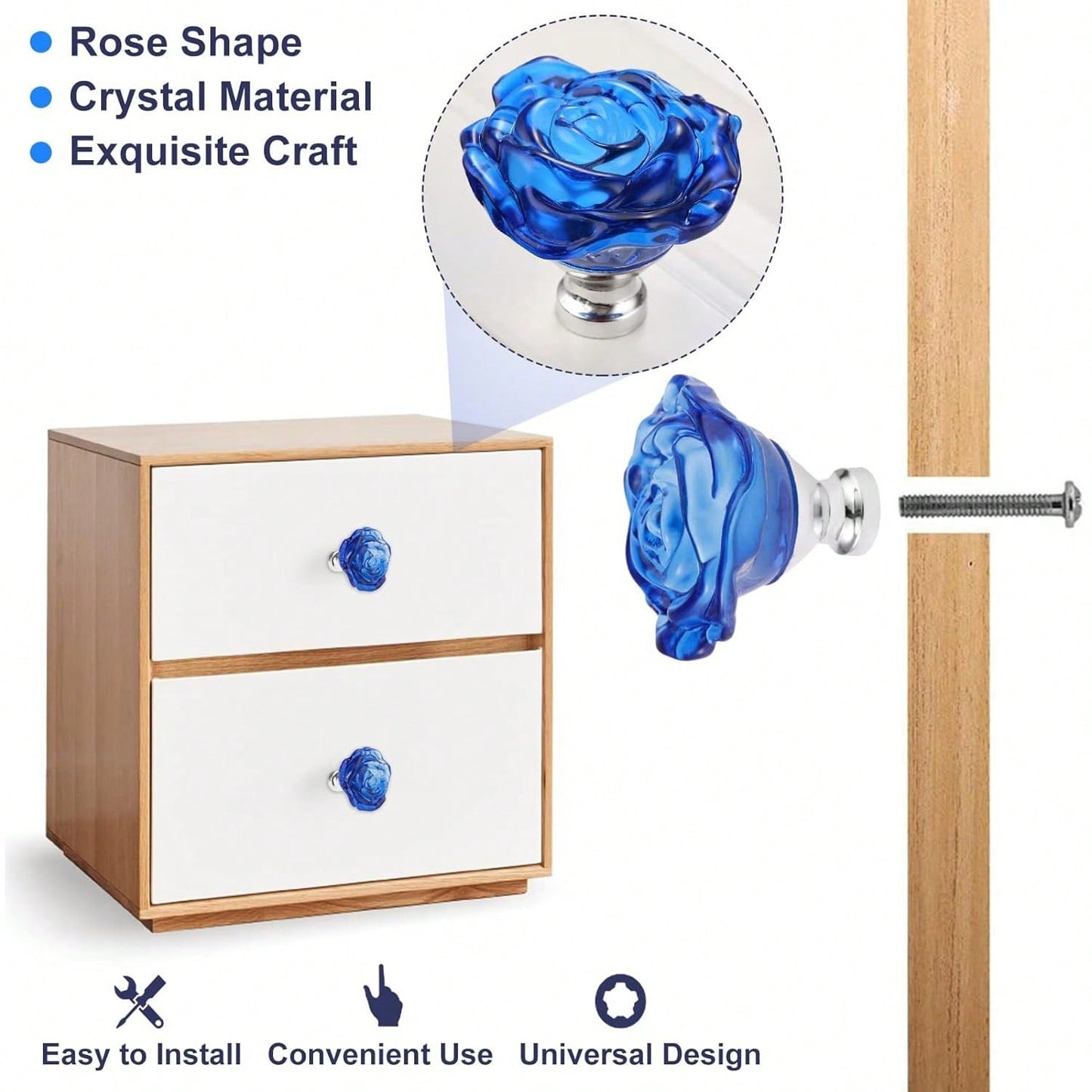 4PCS Blue Crystal Drawer Knobs, Rose Shape Glass Handles Flower Decorative Cabinet Pulls for Dresser Cupboard Bathroom Furniture Hardware Decoration, with Screws