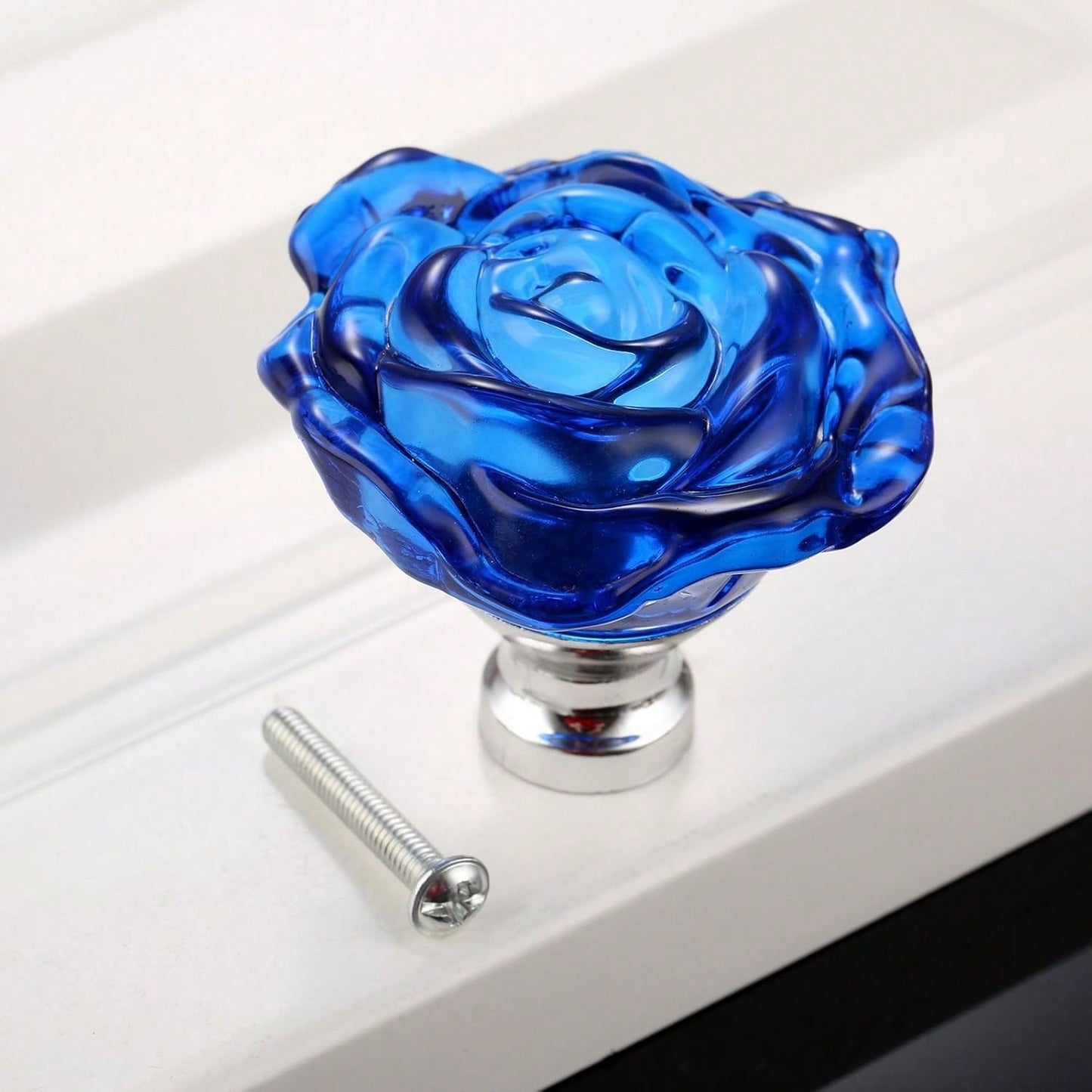 4PCS Blue Crystal Drawer Knobs, Rose Shape Glass Handles Flower Decorative Cabinet Pulls for Dresser Cupboard Bathroom Furniture Hardware Decoration, with Screws