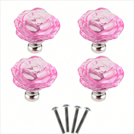 4PCS Glass Cabinet Knobs, Pink Crystal Clear Pulls Rose Shape Dresser Handles for Drawer Cupboard Bathroom Kitchen Furniture Hardware Decoration, with Screws