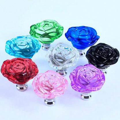 4PCS Glass Cabinet Knobs, Pink Crystal Clear Pulls Rose Shape Dresser Handles for Drawer Cupboard Bathroom Kitchen Furniture Hardware Decoration, with Screws