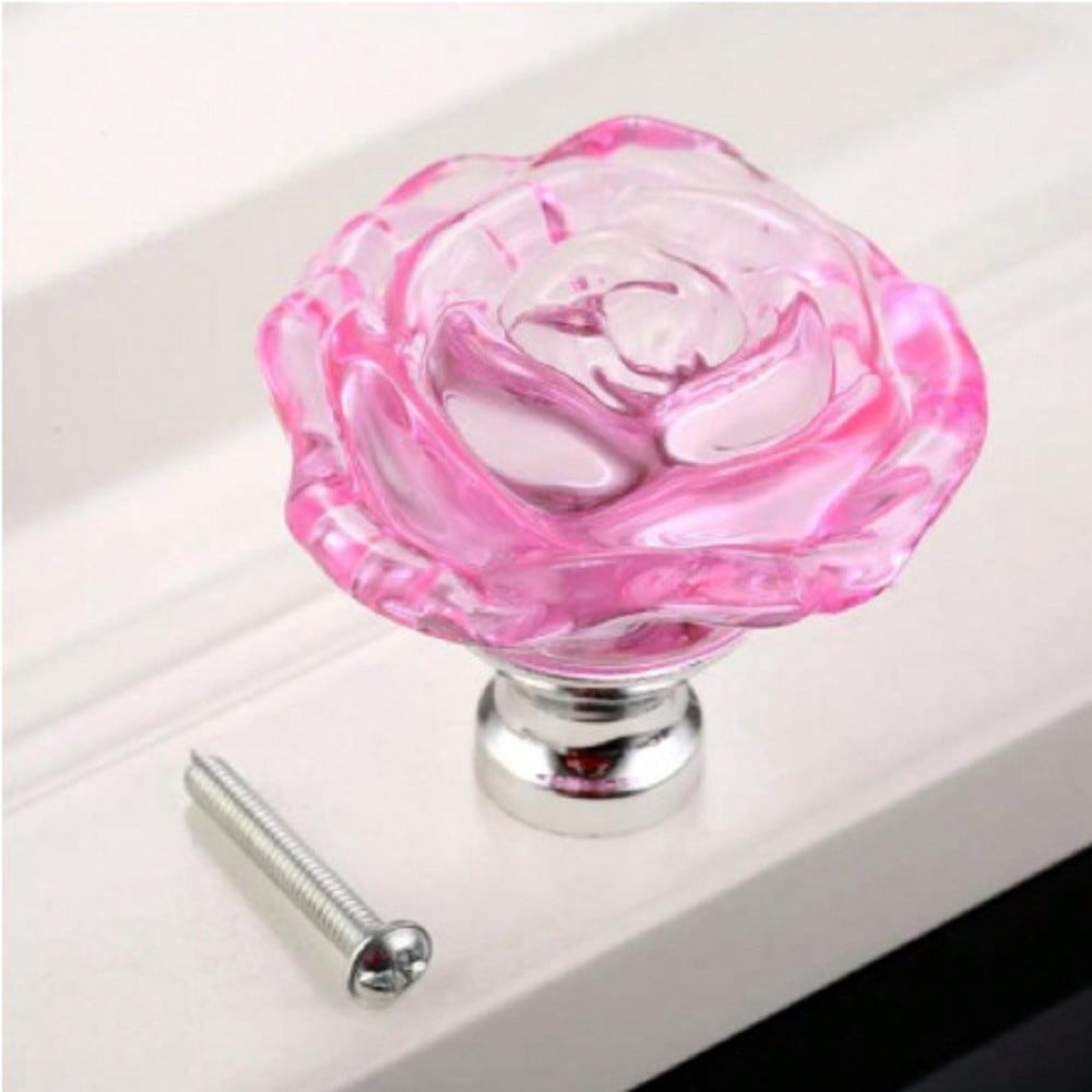 4PCS Glass Cabinet Knobs, Pink Crystal Clear Pulls Rose Shape Dresser Handles for Drawer Cupboard Bathroom Kitchen Furniture Hardware Decoration, with Screws