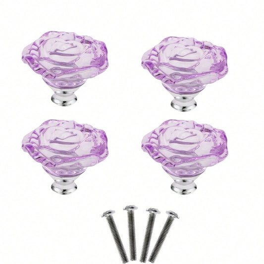 4PCS Glass Cabinet Knobs, Purple Crystal Clear Pulls Rose Shape Dresser Handles for Drawer Cupboard Bathroom Kitchen Furniture Hardware Decoration, with Screws