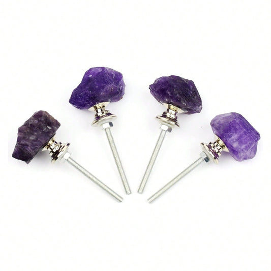 Natural Amethyst Knobs For Cabinets And Drawers Set Of 4,Purple Dresser Knobs And Pulls Crystal Closet Knobs For Bifold Doors Cupboard Wardrobe Kitchen Bathroom