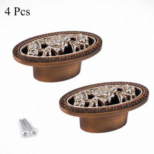 4Pcs Oval Rose Drawer Handles, Vintage Zinc Alloy Cabinet Handles, Coffee Color Hardware Pulls.