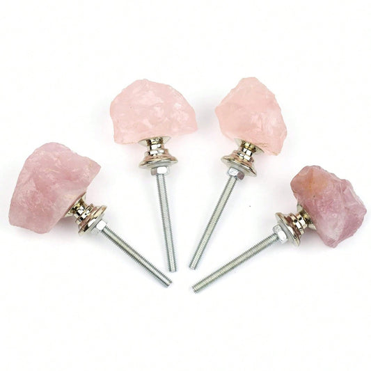 Natural Rose Quartz Knobs For Cabinets And Drawers Set Of 4,Pink Dresser Drawers Pulls And Knobs,Crystal Closet Door Knobs For Bifold Doors Cupboard Wardrobe Kitchen Bathroom