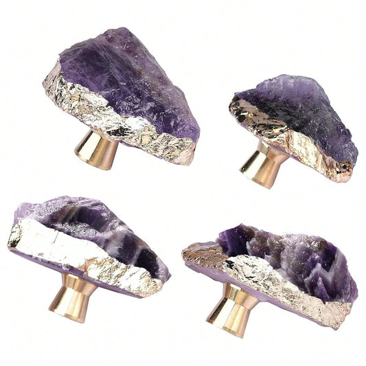 Amethyst Cabinet Knobs Purple Crystal Stone Drawer Knobs Handles Gold Plated Gemstone Cupboard Pulls Decorative For Home Office 4 Pack