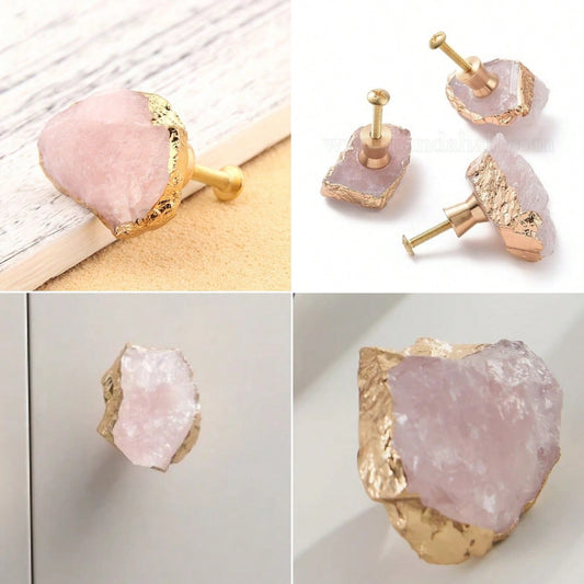 Rose Quartz Cabinet Knobs Pink Stone Drawer Knobs Handles Decorative Gold Plated Gemstone Cupboard Pulls For Home Office Decor 4 Pack