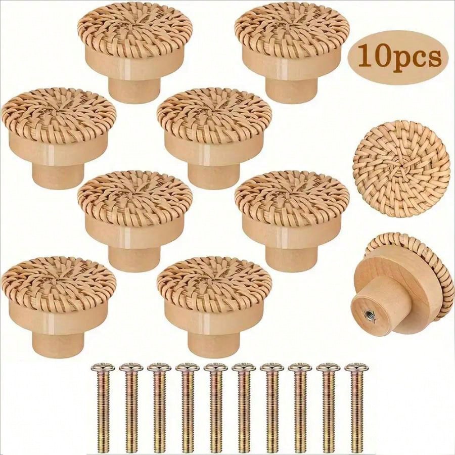 Pack of 10 Bohemian Wicker Woven Round Knobs - Wooden cabinet pulls with handcrafted rattan design - Polished wood drawer knobs with mounting screws for dressers, furniture, cabinetry