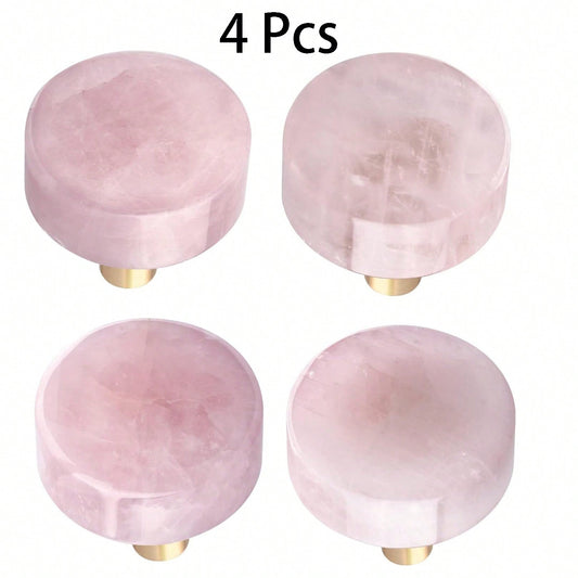 Set Of 4 Rose Quartz Drawer Knobs With Screws, Crystal Stone Pull Handles For Dresser Wardrobe Kitchen Decorative