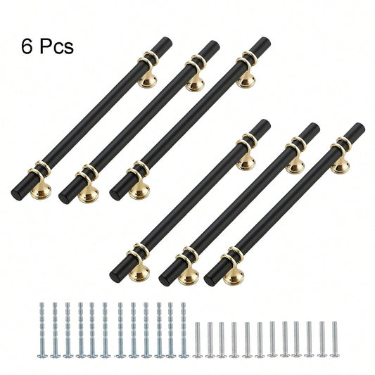 6 Pack 6.3"(160mm) Modern Black Drawer Pull Handle Gold Cupboard Pulls Kitchen Cabinet Knobs Hardware (6.3" Hole To Hole)