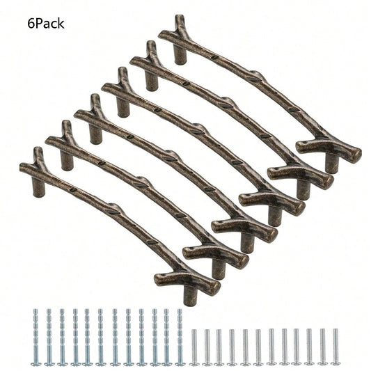 6 Pack Bronze Twig Pulls Branch Zinc Alloy Decorative Cabinet Wardrobe Furniture Door Drawer Knobs Pulls Handles Hardware, (5.04 In, 128 Mm) Hole Centers