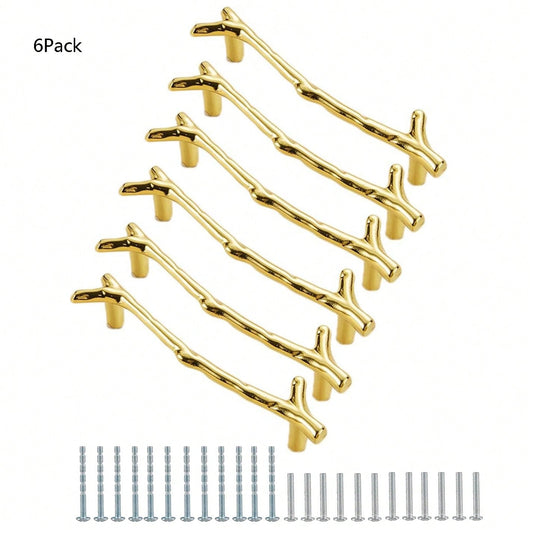 6 Pcs Twig Branch Cabinet Knobs Vintage Drawer Knobs Black Tree Twig Dresser Knobs Zinc Alloy Pulls Double Hole Knobs For Farmhouse Dresser Drawers Pulls (Gold, 3.78" Hole Distance (96mm))