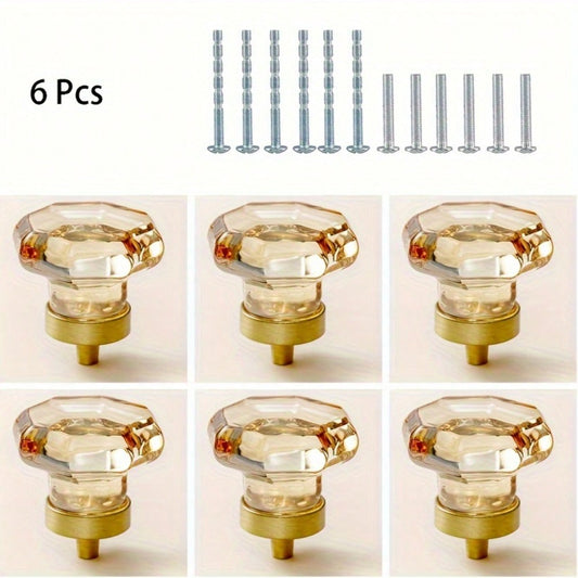 Cabinet Knobs 6Pcs, Crystal Knobs For Dresser Gold Cabinet Pulls Drawer Knobs Furniture Dresser Knobs, 1-3/8" Diameter Glass Drawer Knobs Handles For Kitchen, Bathroom (Octangle Champagne)