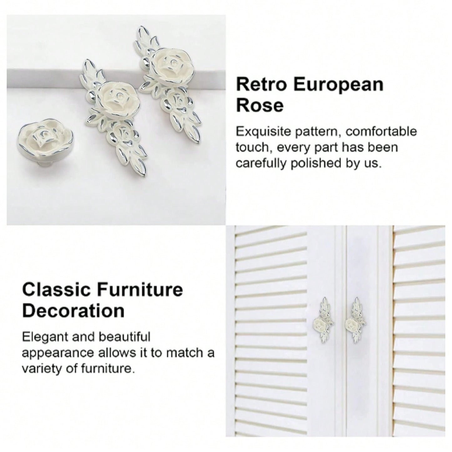 4 Pack European Style Rose Cabinet Knobs Ivory White Backplate, Vintage Kitchen Zinc Alloy Flower Drawer Pull Handles (6 1/2", Silver Edge)