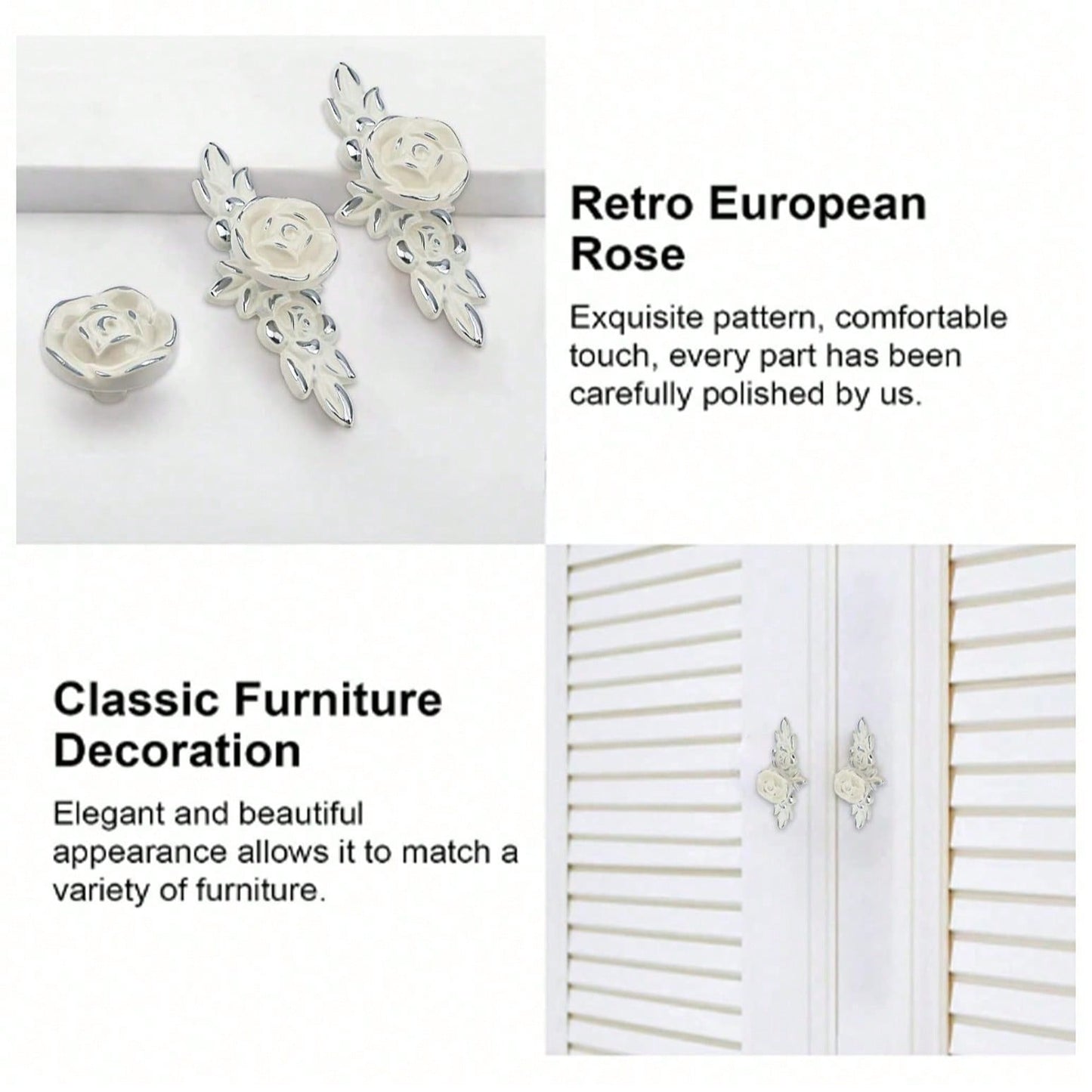 4pcs Euro Rose Cabinet Knobs With Backplate, Vintage Zinc Alloy Handles Ivory White Drawer Handle Knobs For Wardrobe Dresser Cabinet With Mounting Screws(4.0"/103mm,Silver Edge)