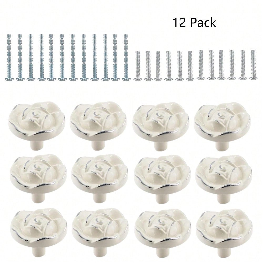 12 Pack Drawer Knobs, White Rose Cabinet Knobs, Flower Drawer Knobs, Floral Handle Pulls For Dressers Drawers Cabinets, White & Silver Edge