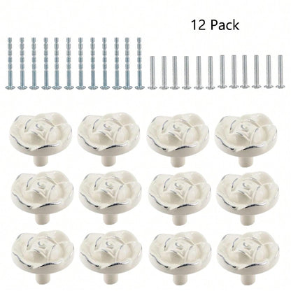 12 Pack Drawer Knobs, White Rose Cabinet Knobs, Flower Drawer Knobs, Floral Handle Pulls For Dressers Drawers Cabinets, White & Silver Edge