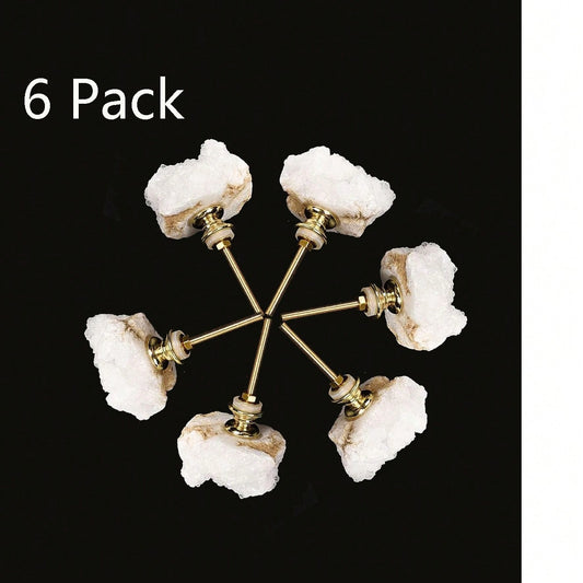 6 Pack White Crystal Stone Cabinet Knobs Irregular Shape Natural Gemstone Door Handles White Quartz Geode Drawer Pulls